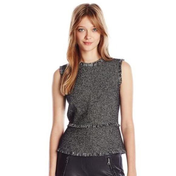 BCBGMAXAZRIA Ruffle Zip Up Marbled Fringe Black Vest Top Shirt – Large - Picture 3 of 15